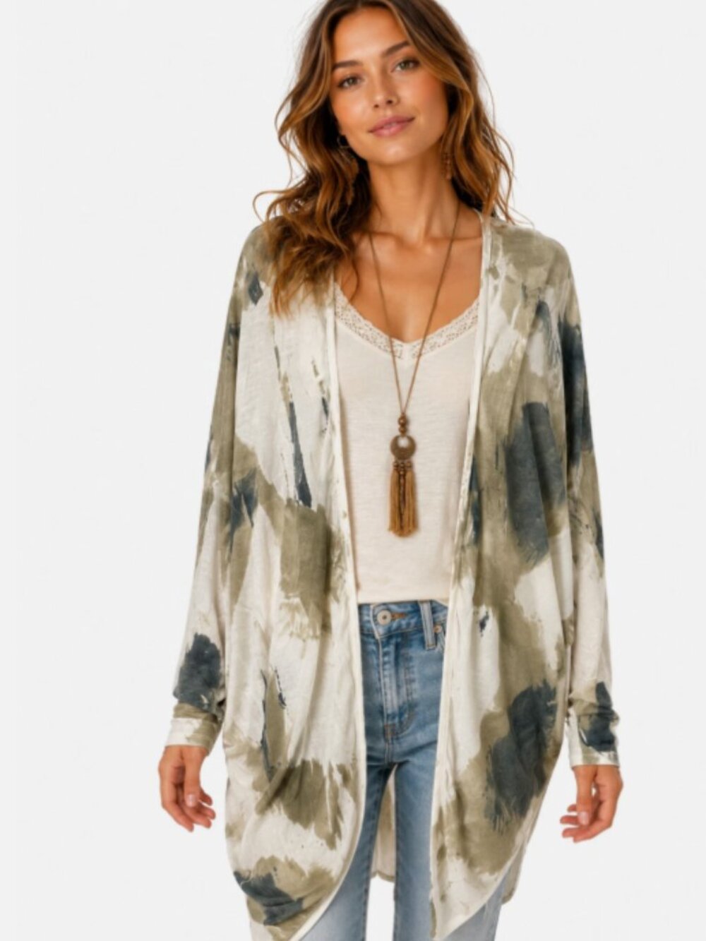 T Party Open Cardigan Long Abstract Artsy 3/4 Sleeve Size S Soft Jersey Cocoon